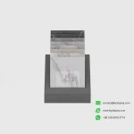 KYDISPLAY trapezoid tile display stand – black front view with ceramic tile and stone samples