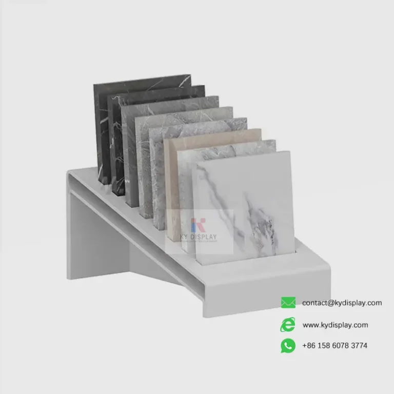 KYDISPLAY trapezoid tile display stand – white side view with large-format showroom tile samples
