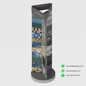 Front view of black tri-panel free standing mosaic display stand