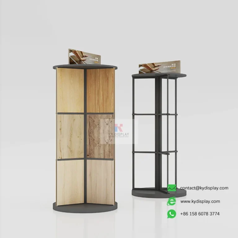 Best Rotating Wood Flooring Display Rack – 360 Degree Wooden Floor Stand | KYDISPLAY 8 Best Rotating Wood Flooring Display Rack – 360 Degree 18-Sample Wooden Stand_Main 1_KYDISPLAY