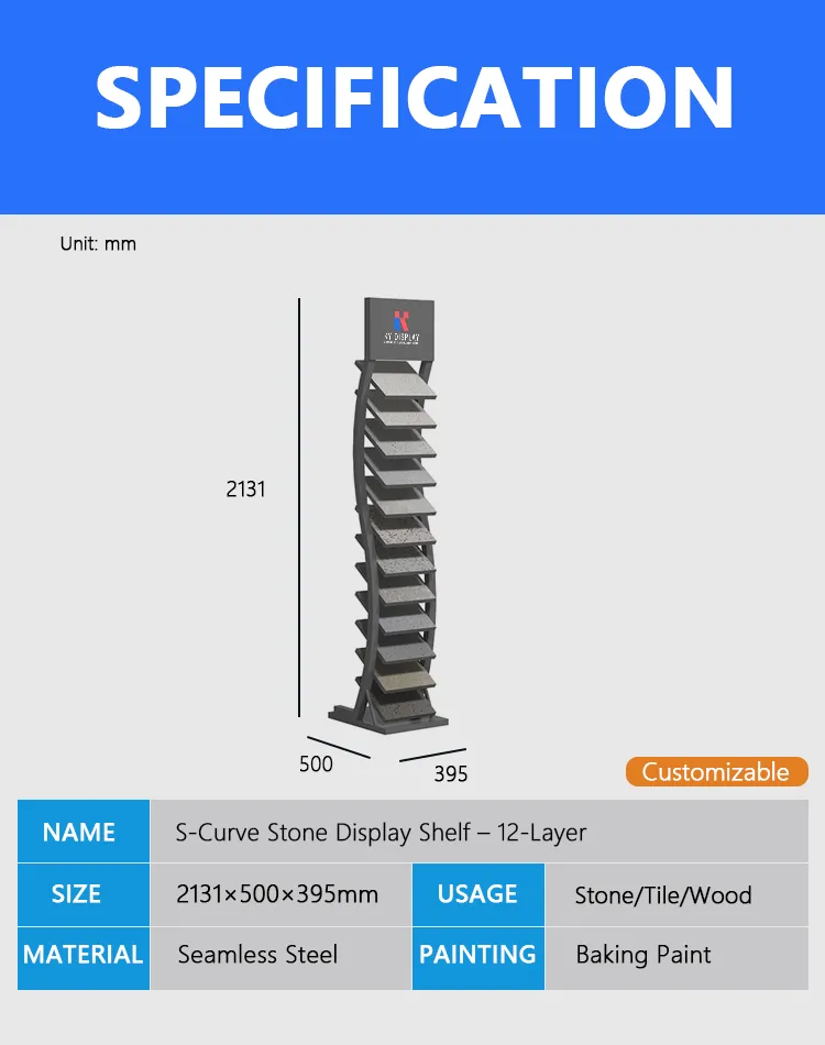 S-Curve Stone Display Shelf – 12-Layer Slanted Vertical Sample Stand | KYdisplay 1 stone display shelf