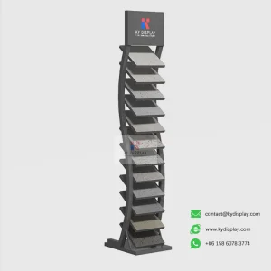 S-Curve Stone Display Shelf – 12-Layer Slanted Vertical Sample Stand_black samples_ KYdisplay