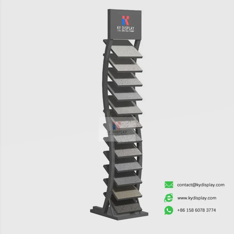 Products 13 S-Curve Stone Display Shelf – 12-Layer Slanted Vertical Sample Stand_black samples_ KYdisplay