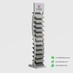 S-Curve Stone Display Shelf – 12-Layer Slanted Vertical Sample Stand_white samples_ KYdisplay