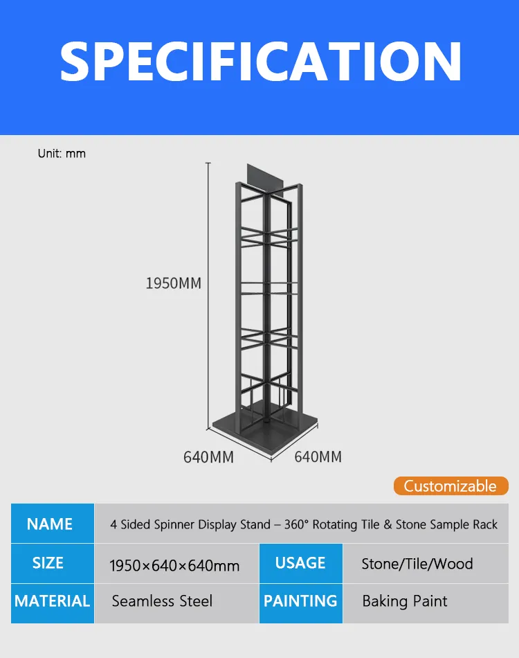 4 Sided Spinner Display Stand – 360° Rotating Tile Stone Sample Rack_Decription_KYdisplay
