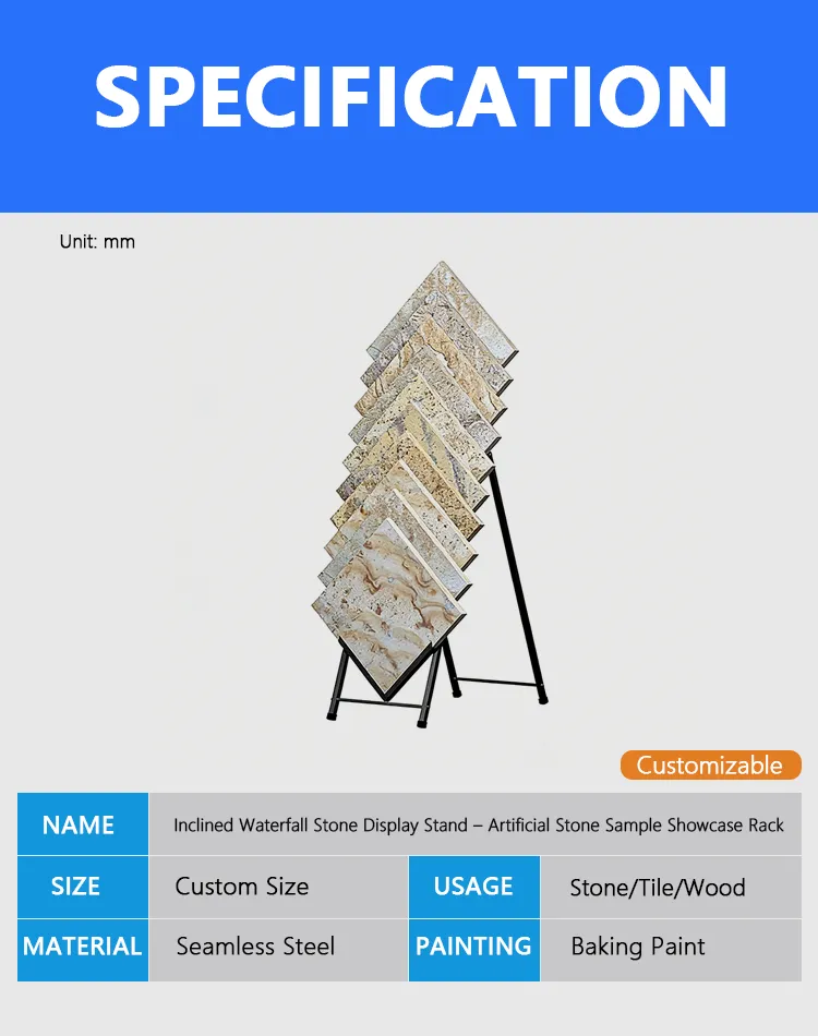 Inclined Waterfall Stone Display Stand – Artificial Stone Sample Showcase Rack | KYdisplay 1 Inclined Waterfall Stone Display Stand – Artificial Stone Sample Showcase Rack_Decription_KYdisplay