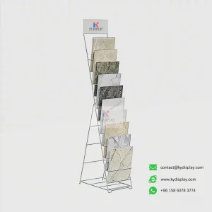 Leaning Tile Display Rack – A-Frame 10-Shelf Stone Sample Stand_white samples_KYdisplay