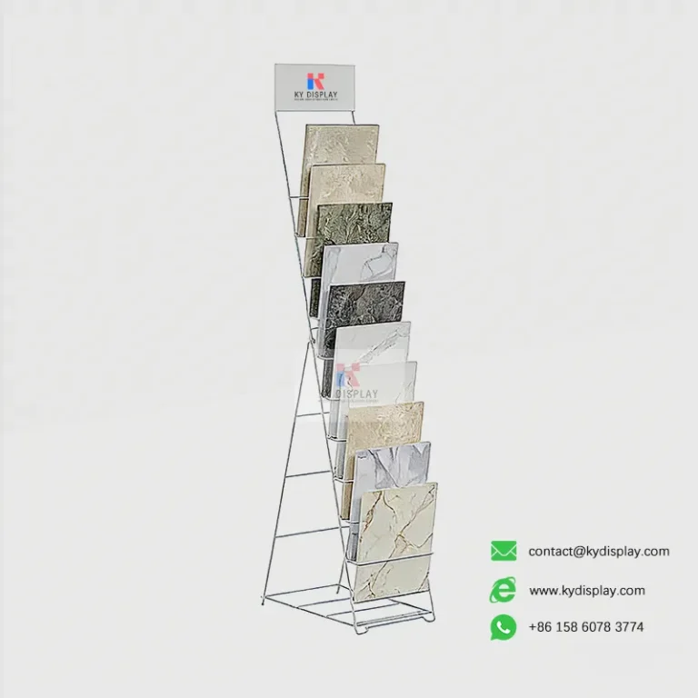 Products 9 Leaning Tile Display Rack – A-Frame 10-Shelf Stone Sample Stand_white samples_KYdisplay