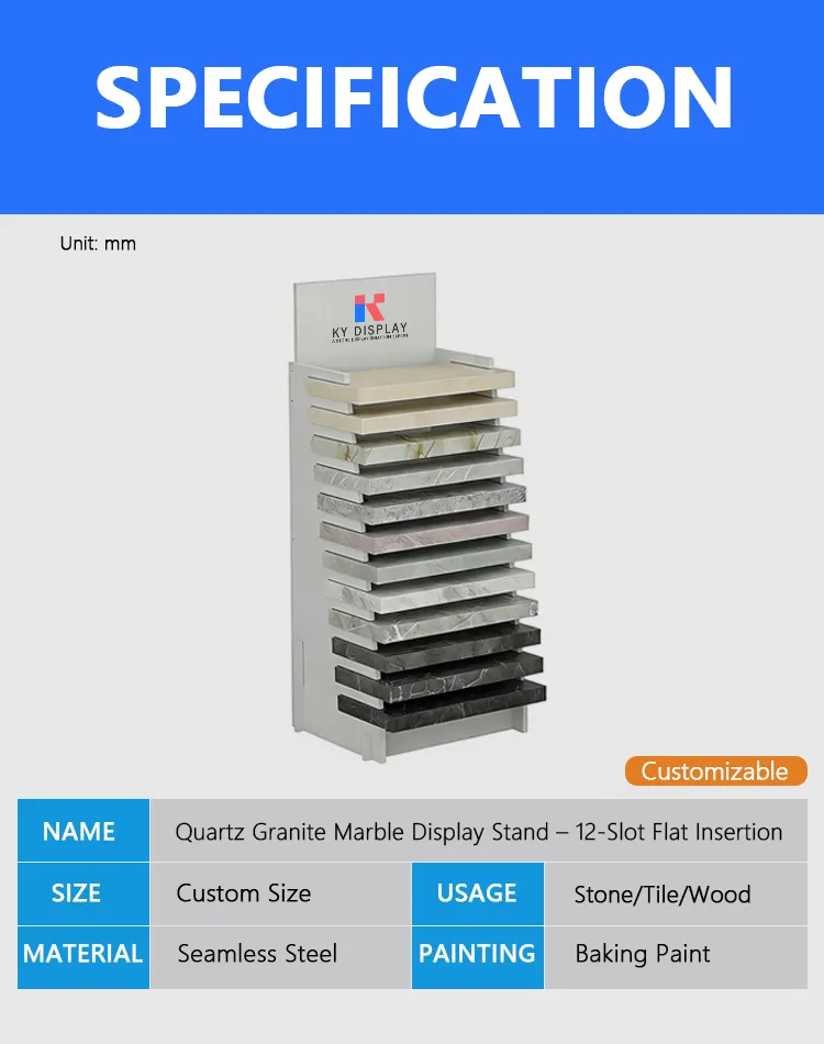 Quartz Granite Marble Display Stand – 12-Slot Flat Insertion Vertical Rack | KYdisplay 1 Quartz Granite Marble Display Stand – 12-Slot Flat Insertion Vertical Rack_Decription_KYdisplay