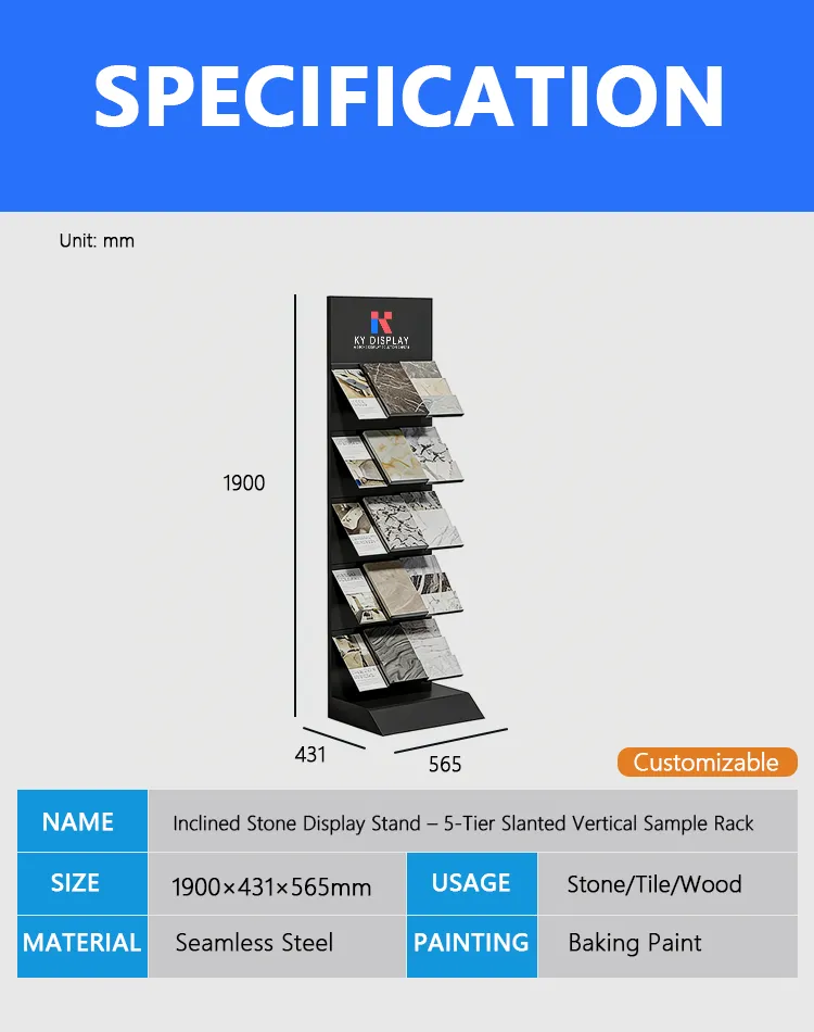Inclined Stone Display Stand – 5-Tier Slanted Vertical Sample Rack | KYdisplay 1 Inclined Stone Display Stand – 5-Tier Slanted Vertical Sample Rack_Decription_KYdisplay