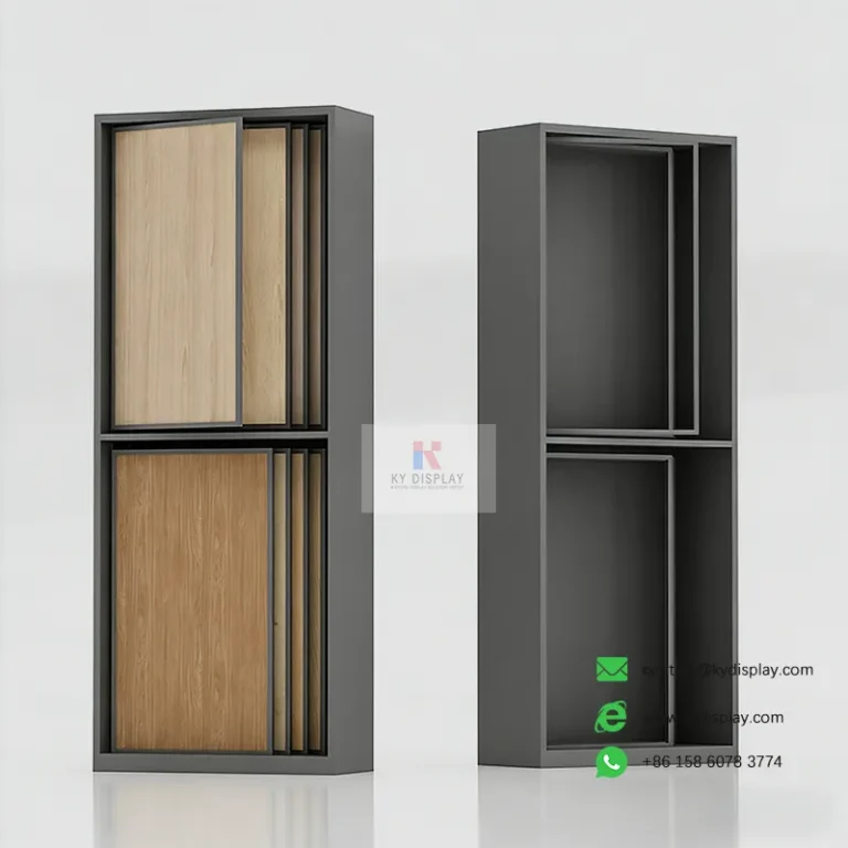Products 5 Push Pull Laminate Flooring Display Rack – Double Sided Vertical Sliding Sample Cabinet_Main 04_KYdisplay