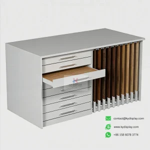 Oak Wood Flooring Display Rack – Sleek Vertical Multi-Slot Showcase_sample_white_KYdisplay