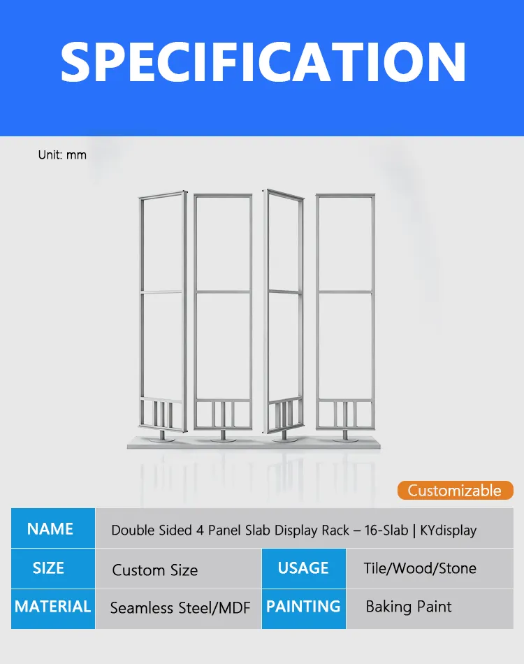 Double Sided 4 Panel Slab Display Rack – 16-Slab Freestanding Showroom Stand | KYdisplay 1 Double Sided 4 Panel Slab Display Rack – 16-Slab Freestanding Showroom Stand-Description-KYdisplay