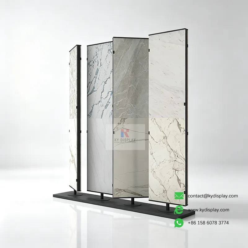 Double Sided 4 Panel Slab Display Rack – 16-Slab Freestanding Showroom Stand-Samples 2 KYdisplay