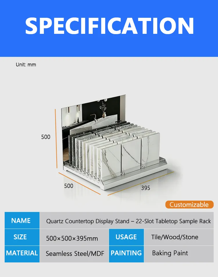Quartz Countertop Display Stand – 22-Slot Tabletop Sample Rack-Decription-KYdisplay