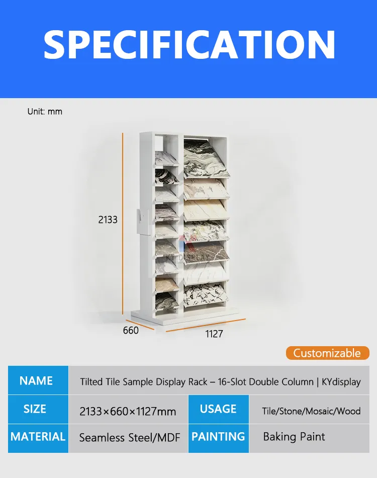 Tilted Tile Sample Display Rack – 16-Slot Double Column Showroom Stand | KYdisplay 1 Tilted Tile Sample Display Rack – 16-Slot Double Column-Description-KYdisplay