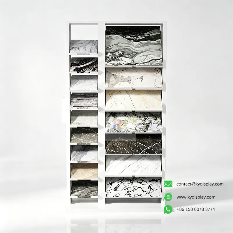 Tilted Tile Sample Display Rack – 16-Slot Double Column-front side - KYdisplay