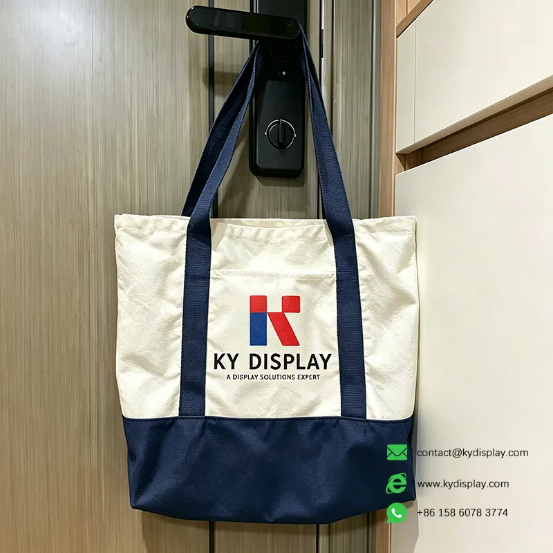 Custom Branded Canvas Tote Bags – Two-Tone Shopper with Logo | Corporate Gift 3 Custom Canvas Tote Bags – Two-Tone Shopper with Pantone Logo-liveshot-blue-KYdisplay
