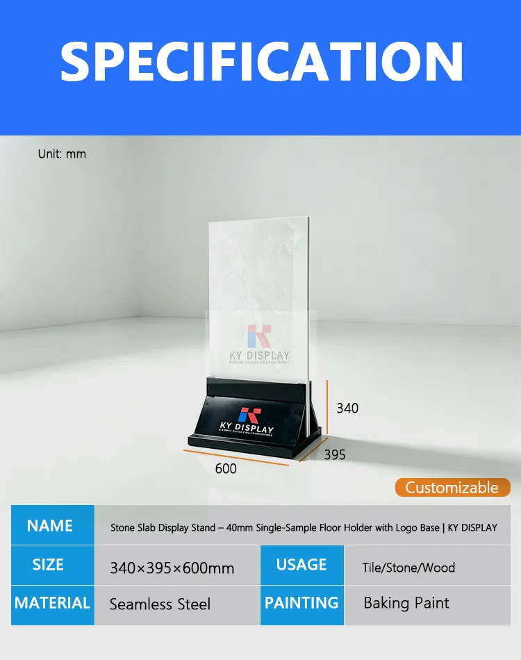 Stone Slab Display Stand – 40mm Single-Sample Floor Holder with Logo Base-Description-KY DISPLAY