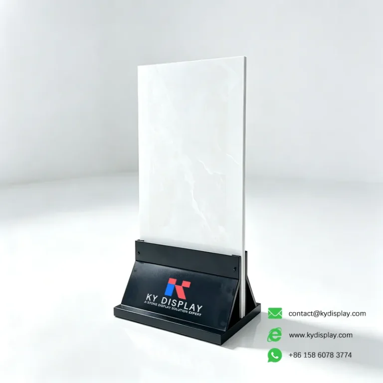 Products 2 Stone Slab Display Stand – 40mm Single-Sample Floor Holder with Logo Base-left side-KY DISPLAY